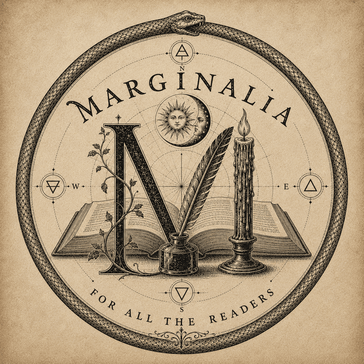 Marginalia crest: an ouroboros encircling a book, quill, candle, and the words For All the Readers